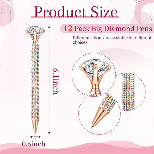 12 Pcs Big Diamond Pens with Crystal Bling Rhinestone Pen Metal Diamond Ballpoint Pens Black Rhinestone Ink Pens for Women Wedding Bridal Shower f...