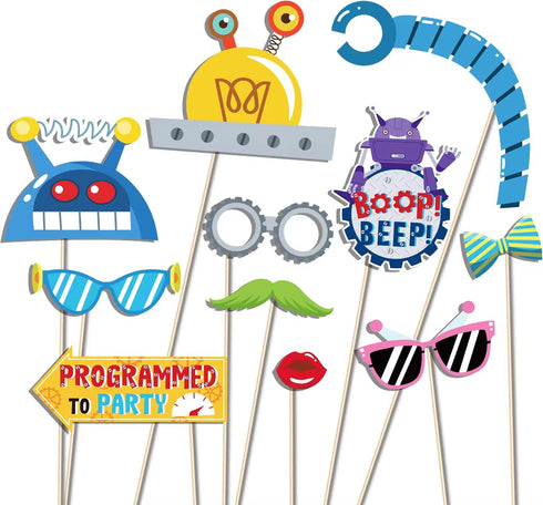 25Pcs Robot Photo Booth Props with Stick, Birthday Theme Selfie Props, Robotics Party Supplies, Kids Photography Backdrop Decorations...