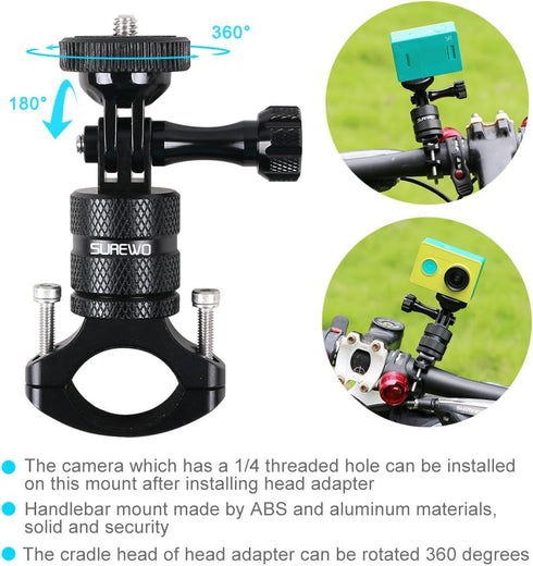 SUREWO Bike Mount for GoPro Hero 12/11/10/9/8/7/6/5 Black,GoPro Max,Camera Aluminum Bicycle Motorcycle Handlebar Mount Compatible with DJI Osmo Ac...
