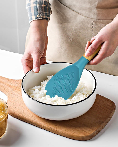Cooking Spoon and Rice Scooper for Nonstick Cookwares, Great for Cooking and Serving Durable BPA-Free Matte Silicone, Wood Handle Spoon for Mixing...
