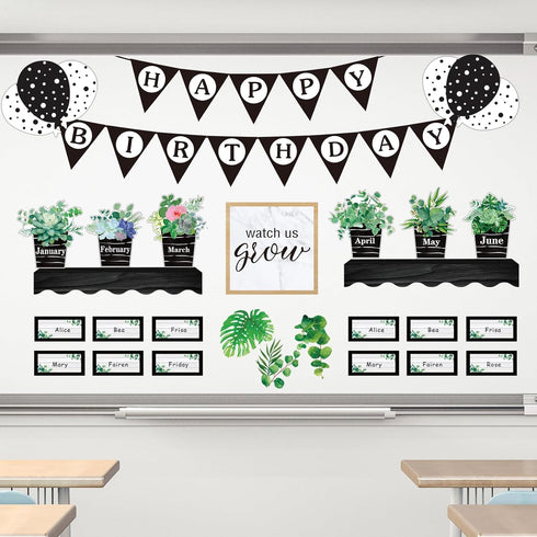 95 Pcs Happy Birthday Bulletin Board Set Boho Plant Birthday Calendars Pocket Chart Bulletin Board Decor Eucalyptus Birthday Classroom Decorations...