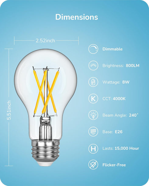 EDISHINE 6 Pack LED Edison Bulbs, A19 Dimmable LED Light Bulb, 800LM 4000K Cool White Light, 240° Beam Angle & E26 Base, 8W Equivalent 60W, Decora...