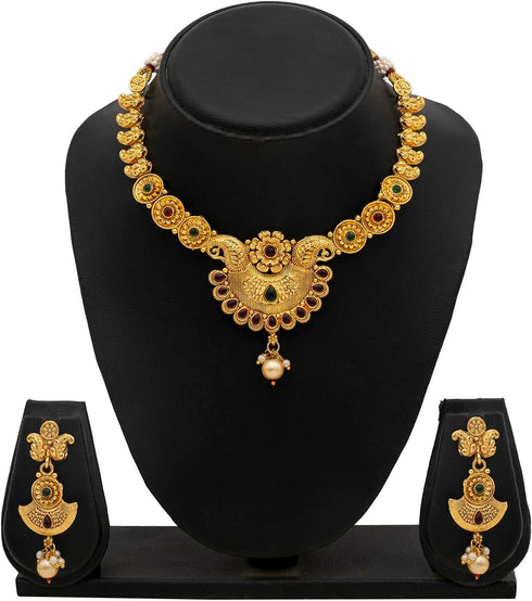 Gold Plated Traditional Indian Kundan,CZ, Pearl Studded Adjustable Dori Necklace with Matching Earrings Jewellery/Jewelry Set for Women (SJN_210)...