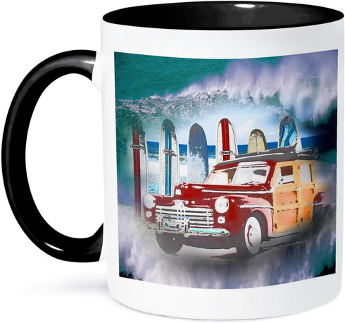 3dRose Classic Woody Car and Big Wave Background with Surfer A Surfing Lover Gift Mug, 11 oz, Black...