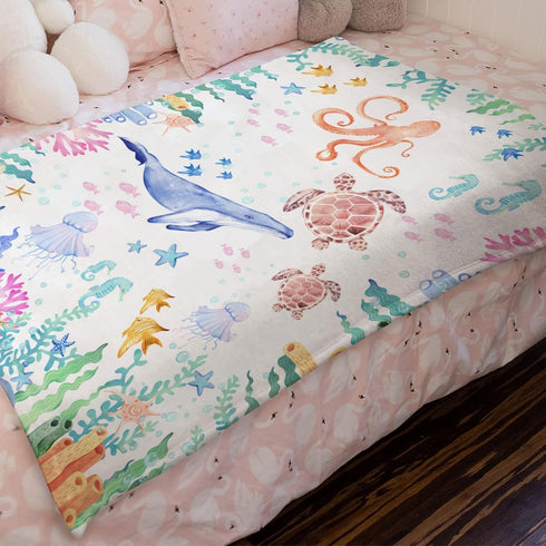 Baby Toddler Sea Animals Blanket Gift for Girl Boy Ocean Whale Turtle Jellyfish Starfish Corals Sea Weeds Flannel Swaddle Blankets Nautical Marine...