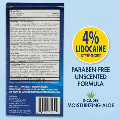 HealthWise 4% Lidocaine Roll-On | OTC Strength | Pain Relief Liquid | 2.5 oz. 73 mL | Non-Greasy, Unscented Formula | Topical Anesthetic...