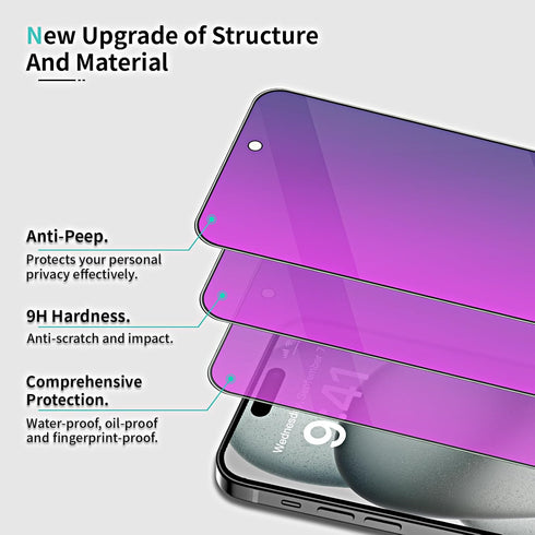 2 Pack Purple Privacy Screen Protector for iPhone 15 6.1 inch, 9H Anti-Spy Tempered Glass, Easy Installation, High Sensitivity, Case Friendly...