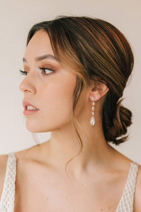 SWEETV Long Pear-Shaped Rose Gold Wedding Birdal Earrings for Brides, Bridesmaids, Crystal Chandelier Dangle Drop Earrings for Women Prom...