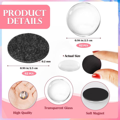 124pcs Craft Magnets Glass w Adhesive Backing and Transparent Clear Glass Cabochons DIY Craft Fridge Magnets Sticker for Refrigerator(62 Sets,1 In...