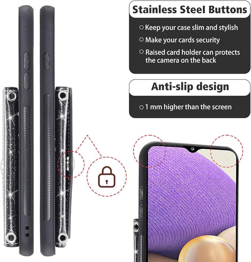 Asuwish Phone Case for Samsung Galaxy A32 5G 2021 6.5 inch Wallet Cover with Tempered Glass Screen Protector and Crossbody Strap Bling Glitter Car...