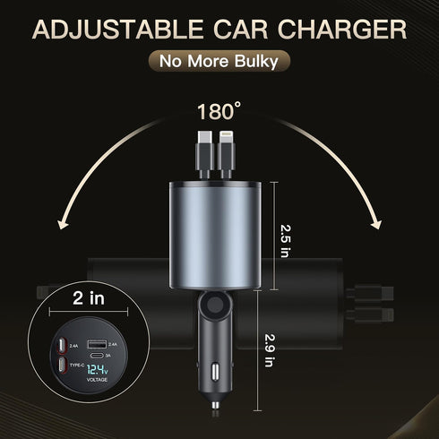 Retractable Car Charger, 4 in 1 Fast Charge Car Phone Charger, Retractable Cables and 2 USB Ports, Car Charger Adapter for iPhone 15/14/13/12 Pro ...