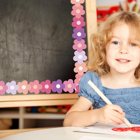 Whaline 32.8ft Preppy Hippie Flower Bulletin Board Borders Y2K Pink Purple Flower Die-Cut Rolled Bulletin Board Trim for School Classroom Office D...