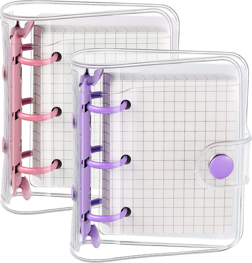2 Sets Mini 3 Ring Binder Transparent Covers with Mini Binder Inner Paper Pockets Clear Soft PVC Notebook Closure Loose Leaf Folder Round Ring Bin...