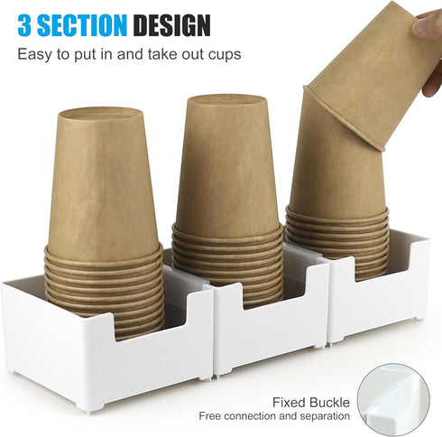 Paper Cup and Lid Holder, 3 Compartments Plastic Coffee Cup Storage Organizer, Wall Mount Disposable Cup Dispenser for Countertop, Breakroom, Bath...