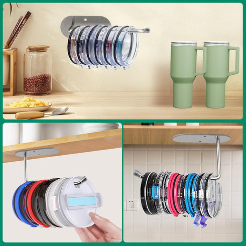 Tumbler Lid Organizer, Tumbler Lid Storage,Space Saving Lid holder,Stainless Steel Wall-Mounted Cup Lid Hook/Self-Adhesive Tumbler Lid Hanger for ...