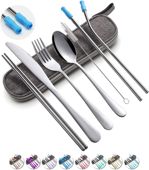 Travel Utensils Set with Case Reusable Portable Cutlery Set Stainless Steel 8pcs Including Dinner Knife Fork Spoon Chopsticks Straws(Silver)...