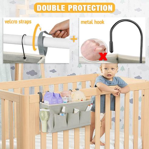 Bedside Storage Organizer with Fixed Straps and Water Bottle Holder for Home, College, Dorm, Bunk / Hospital Bed, Crib Bed Rails (Grey)...