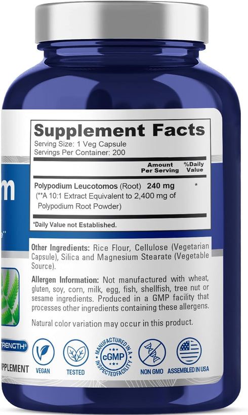 NusaPure Polypodium Leucotomos Extract 2400mg 200 Veggie Capsules (Vegetarian, Non-GMO, Vegan)...