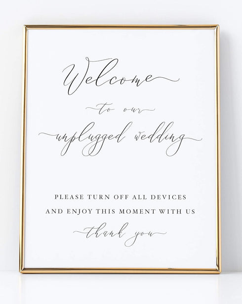 Welcome to our Unplugged Wedding, Elegant Minimalist Style White Sign with Black Lettering on Professional Thick Linen Cardstock, White Wedding De...