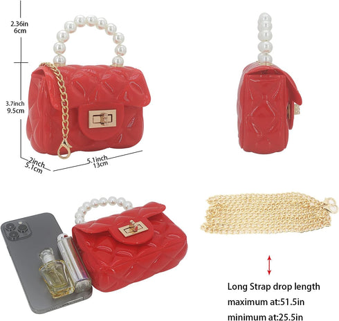 Mini Jelly Purse Flap Handbag with Pearls Top Handle Faux Quilted Crossbody Bag...