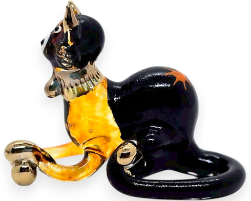 Tiny 2¼" Black Brown Crouching Play Ball Cat Figurine Miniature Hand Blown Painted Glass Cats Kitten Feline Animals Cute Crystal Decorative Collec...