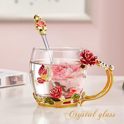 OEAGO Gifts for Mom Women Mothers Day Glass Coffee Enamels Mug Best Birthday Butterfly Rose Gifts for Her from Daughter Son Lead-Free Valentines D...