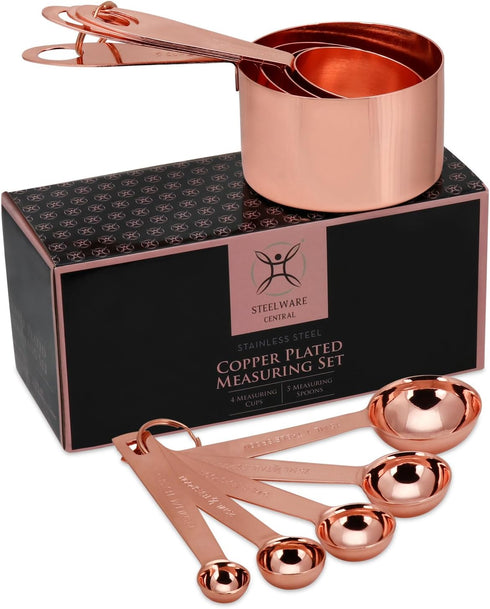 Copper Measuring Cups and Spoons Stainless Steel 9 pieces with 2 Rings...