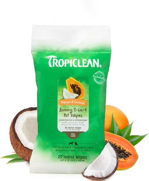 TropiClean Papaya & Coconut Dog Wipes for Paws and Butt | Deep Cleaning Dog Grooming Wipes | Safe for The Face | Cat Friendly | 20 Count...