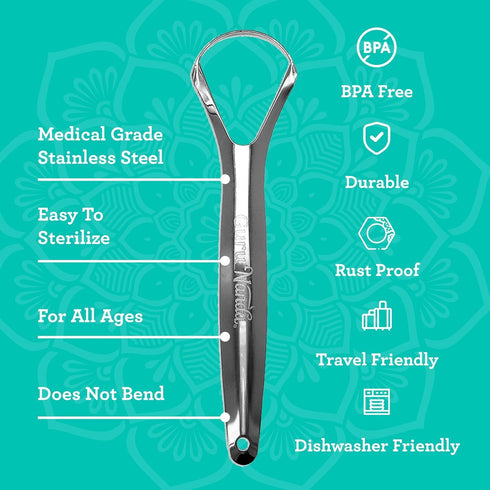 GuruNanda Tongue Scraper for Adults (4-Pack) with Travel Case, 420 Medical Grade Stainless Steel, Aids in Fresh Breath & Oral Care - Travel-Friend...