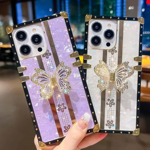 Luxury Square Compatible with iPhone 13 Pro Max 6.7 Inch Case, Cute Bling Pearl Butterfly Diamond Kickstand Cover, Glitter Silicone Shockproof Pro...