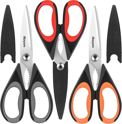 iBayam 3-Pack Kitchen Scissors All Purpose Kitchen Shears Heavy Duty Scissors with Protective Sheath for Food, 8.5" Comfort Grip Stainless Steel D...