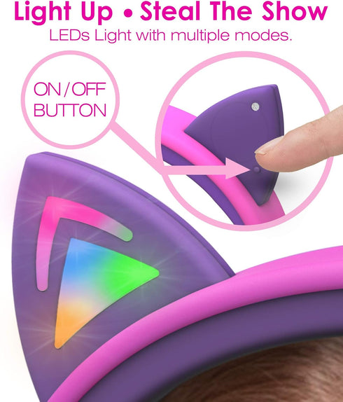 FosPower Kids Headphones with LED Cat Ears (Safe Volume Limit 85 dB), 3.5mm On-Ear Wired Headphones with Laced Tangle-Free Cables for Boys/Girls/S...