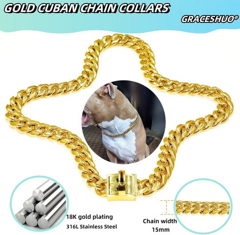 Chain Collars for Large Medium Small Dogs Heavy Duty 15MM Stainless Steel Silver/Gold Cuban Link Collars with Cute Design Secure Buckle,Training W...