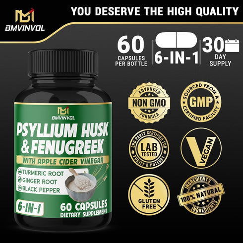 BMVINVOL Psyllium Husk Fiber Supplement t with Fenugreek, Apple Cider Vinegar, Turmeric, Ginger, Black Pepper- Digestion Health Support - 60 Capsu...