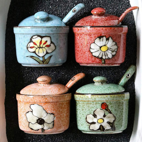 VanEnjoy Traditional China Retro Hand Painted Flower Ceramic Round Sugar Spice Containers Porcelain Jar with Spoon Round Condiment...