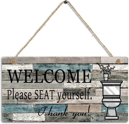 Printed Wood Plaque Sign Wall Hanging Welcome Sign Please Seat yourself Wall Art Sign Size 11.5" x 6" (Blue-Black)...