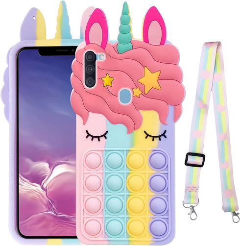 Fun Case for Samsung Galaxy A11, Fidget Toys Stress Relief Phone Case with Strap, Push Pop Bubble 3D Cartoon Funny Kawaii Cute Silicone Cover for ...