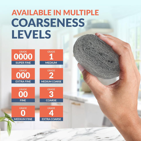 PAMI Steel Wool Scrubbers (Pack of 8)- Steel Wool Cleaning Pads for Dirt, Grease & Grime- Wool Scrubber Sponges for Kitchen & Bathroom- #0 Medium ...