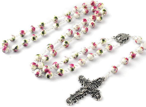 HanlinCC 8mm Round Ceramic Beads with Flower Painting Catholic Rosary Necklace with Maria Center piece and Flower Cross with Leather Gift Box...