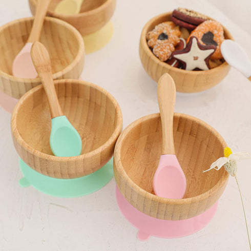 Baby Bowls and Spoons, Baby Bamboo Bowl and Spoon | Silicone Suction | Bamboo Baby Bowls for Baby | Baby Bowls First Stage | Baby Wood Bowls (Cyan...
