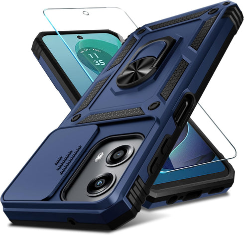 for Motorola Moto G 5G 2024 Case Built in Slide Camera Lens Cover+Screen Protector+Finger Ring Holder Kickstand,Heavy Duty Shockproof Full Body Pr...