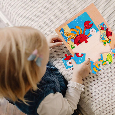 Wooden Jigsaw Puzzles Set for Kids 2-5 Years 12 Piece Colorful Wooden Educational Sea Animals Puzzles (4 Puzzles)...