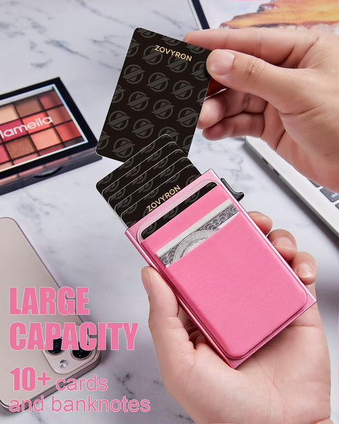 Minimalist Small Wallet Women Slim Pop Up Wallet Card Holder Wallet with Money Pocket, RFID Blocking Pink Smart Wallet Metal Card Case...