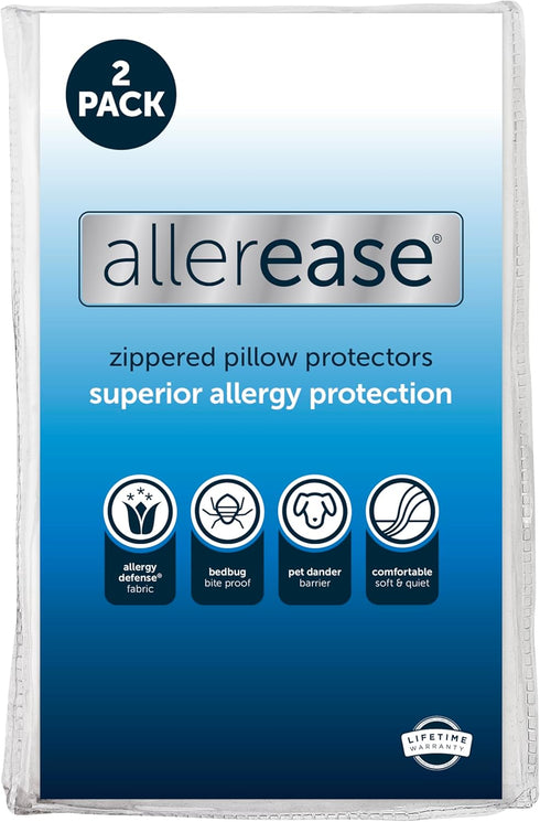 Set of 2 Standard/Queen AllerEase Pillow Protectors - Moisture Wicking, Advanced Allergy Protection - Premium Polyester, Zippered Protectors...