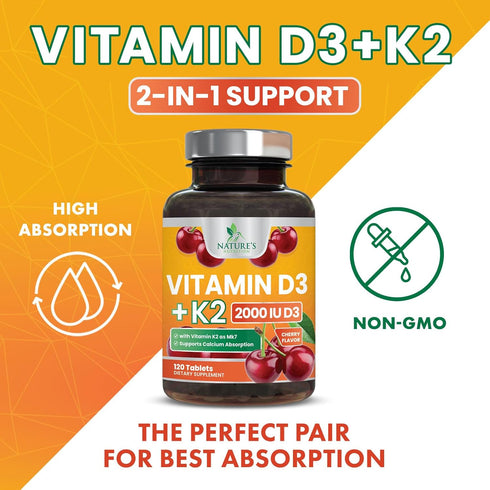 Vitamin D3 K2 as MK-7 with 2000iu of D3 & 75mcg K2, Vitamin K2 D3 Bone Strength Supplements Support Calcium Absorbtion for Teeth & Bone Health + M...