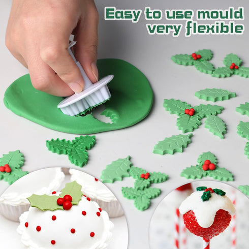 KALAIEN 3pcs Holly Leaf Plunger Cutter Fondant Baking Tools Cake Cookie Sugarcraft Decorating Mould...