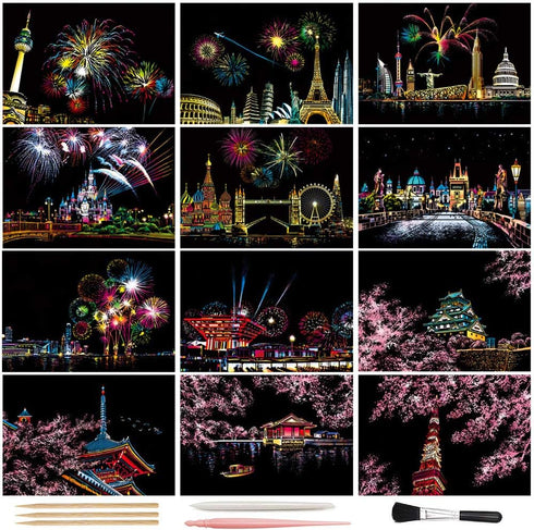 Magic Scratch Art Paper(7.9"x5.5") Rainbow Landscape Engraving Art Mini Scratchboard DIY Pads for Adults and Kids, Crafts Set: 12 Sheets Scratch P...