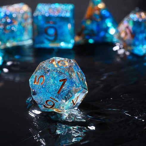 Sharp Edge DND Dice Set Metal Gift Box for Dungeons and Dragons TTRPG, Multi-Sided RPG Resin Roleplaying Games (Transparent Blue with Metallic Foi...
