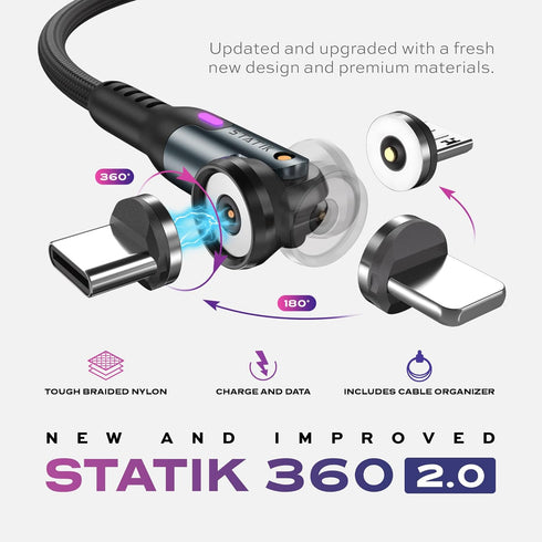Statik 360 Rotating Magnetic Charging Cable - Magnetic USB C Charging Cable, 3 Magnet Tips for Magnetic Charger Cable, iProduct, Micro-USB, USB-A ...