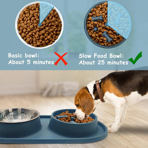 BNOSDM Slow Feeder Dog Bowls Double Puppy Slow Feeder No Spill Non-Skid Silicone Mat Dry Food Slow Eating Bowl Removable Stainless Steel Pet Bowls...